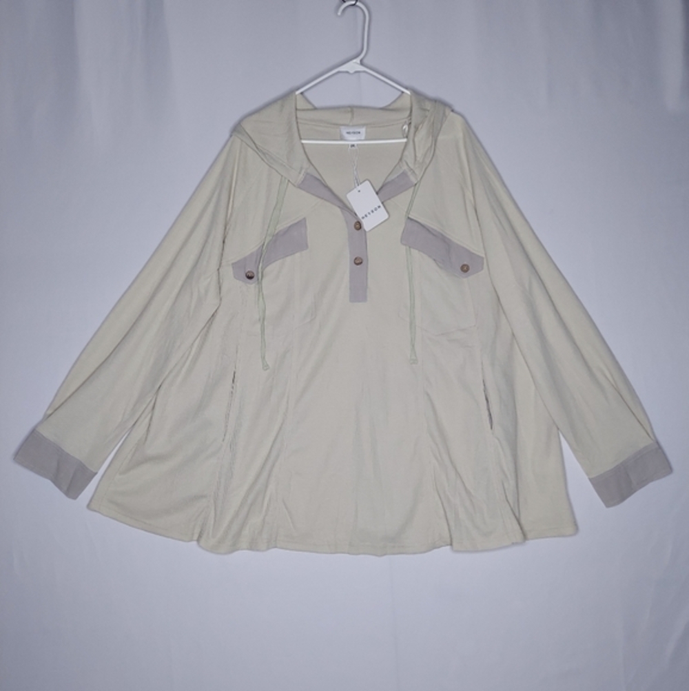 Heyson Women Thermal Waffle Henley Shirt 2XL Hooded‎ 1/4 Button NEW